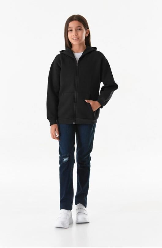 3 İPLİK Kapüşonlu  Uzun Kollu Şardonlu KIZ/ERKEK Çocuk Fermuarlı Sweatshirt 0504 SİYAH
