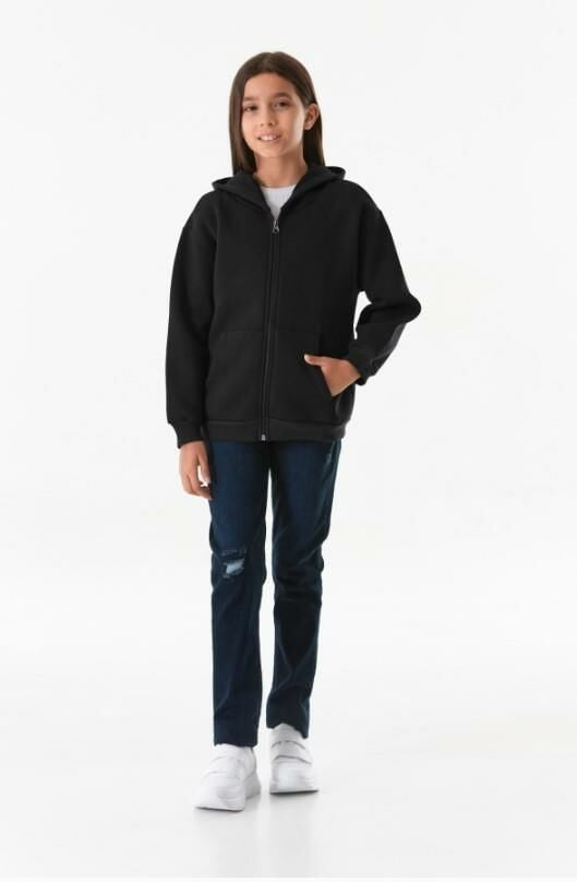 3 İPLİK Kapüşonlu  Uzun Kollu Şardonlu KIZ/ERKEK Çocuk Fermuarlı Sweatshirt 0504 SİYAH