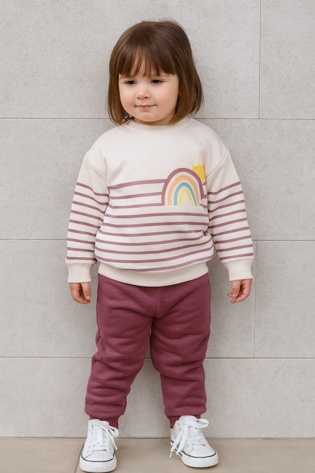 Kız Çocuk 3 İplik Şardonlu Rainbow Baskılı 2’li Alt Üst  Eşofman Takımı-10716M