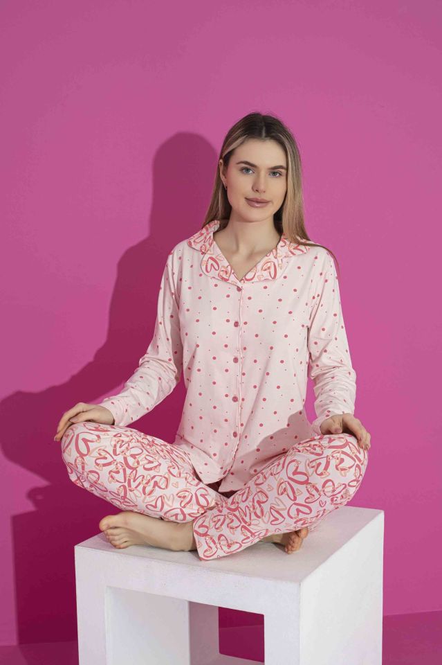 Kadın Likralı Penye(ANNE KIZ KOMBİNİ YAPABİLİRSİNİZ) Düğmeli Yazlık Pijama Takımı 3026