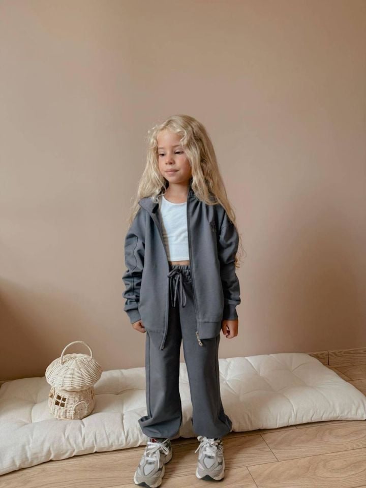Kız Çocuk Fermuarlı Eşofman Takımı - Gri  Renk (2'li Set) 0108