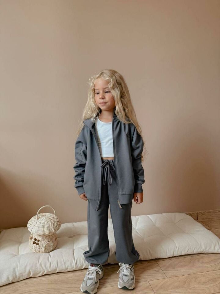 Kız Çocuk Fermuarlı Eşofman Takımı - Gri  Renk (2'li Set) 0108