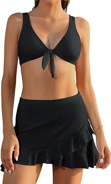 Kadın V Yaka Düğümlü  Etekli Bikini Mayo 2707 SİYAH - 38