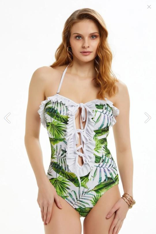 AREGENTO Yaprak Desenli Fırfırlı Straplez Mayo 8056