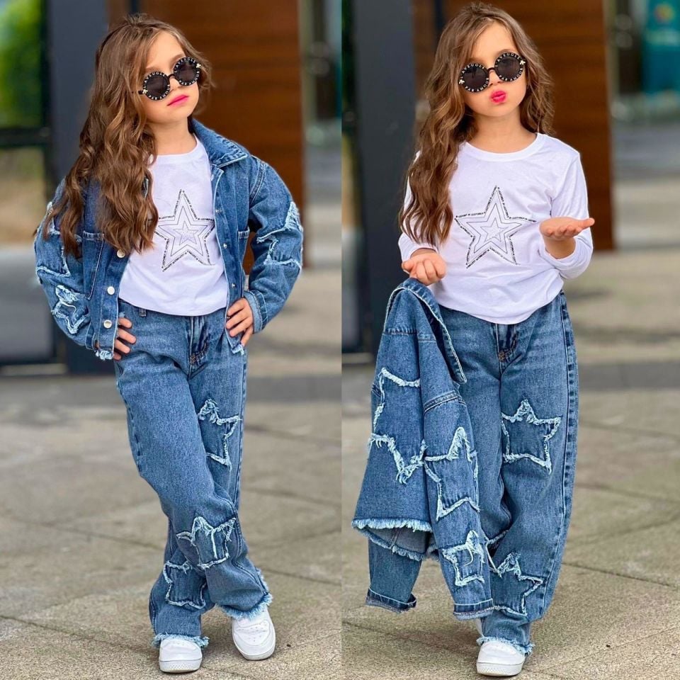 Kız Çocuk Yıldız Detaylı 3 Parça Denim Takım – Ceket, Pantolon ve Bluz 2613
