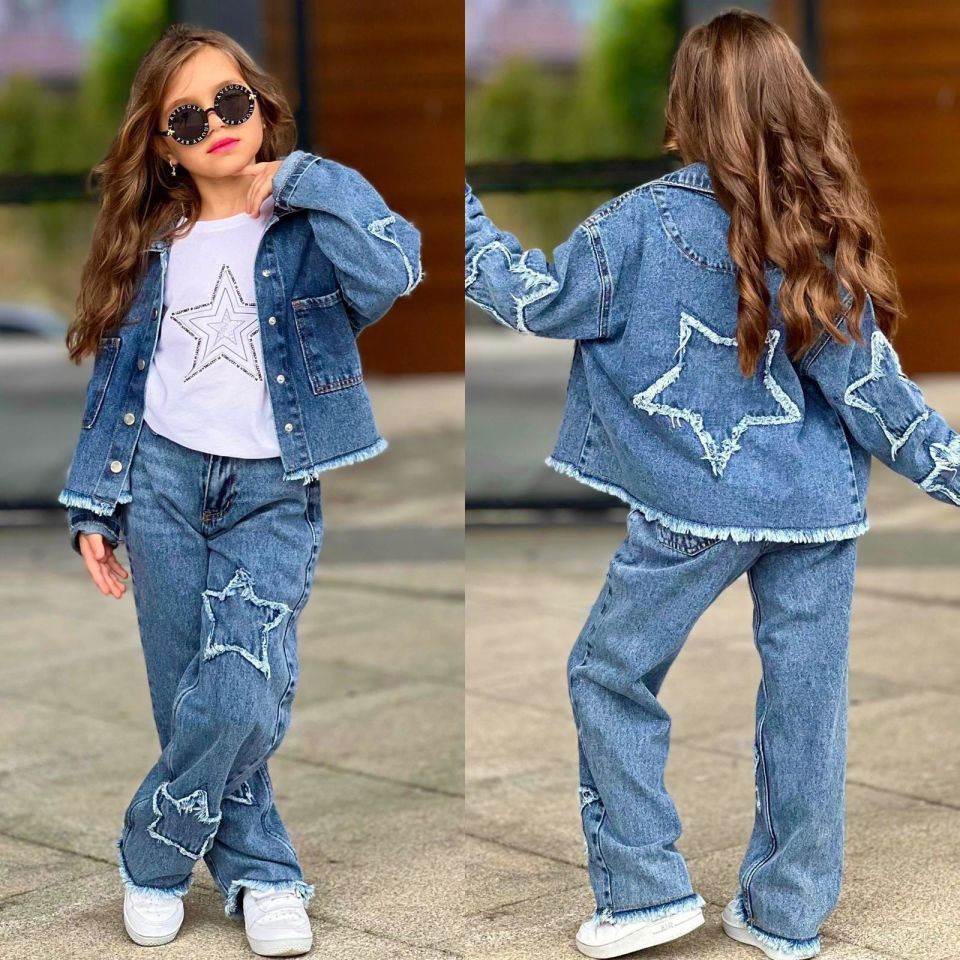 Kız Çocuk Yıldız Detaylı 3 Parça Denim Takım – Ceket, Pantolon ve Bluz 2613