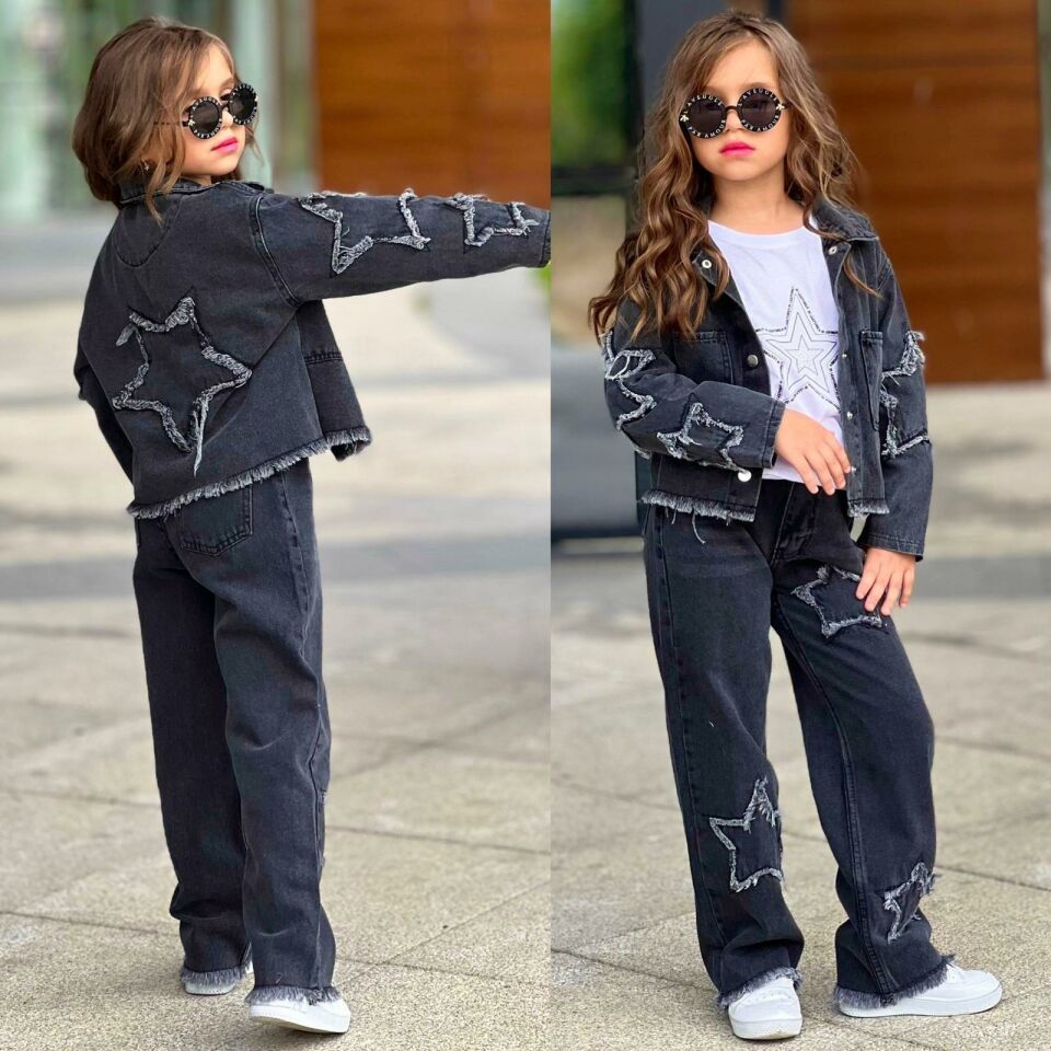 Kız Çocuk Yıldız Detaylı 3 Parça Denim Takım – Ceket, Pantolon ve Bluz 2613S