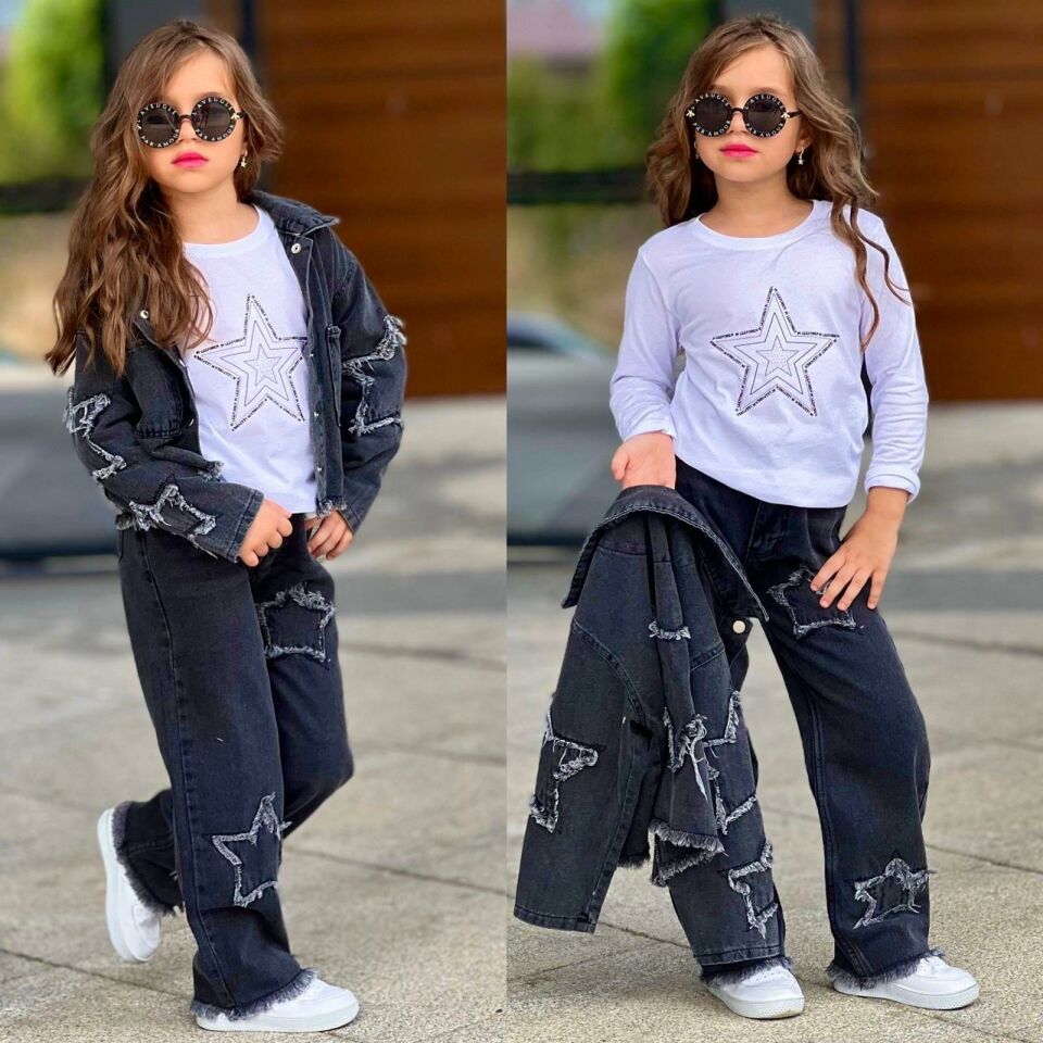 Kız Çocuk Yıldız Detaylı 3 Parça Denim Takım – Ceket, Pantolon ve Bluz 2613S