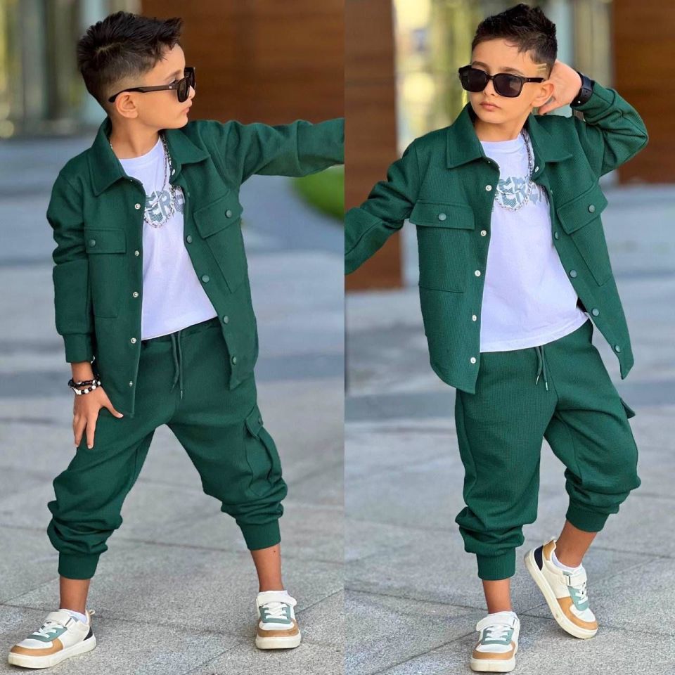 Erkek Çocuk 3 Parça Spor Takım – Yeşil Ceket, Jogger Alt ve Basic Tişört 60298