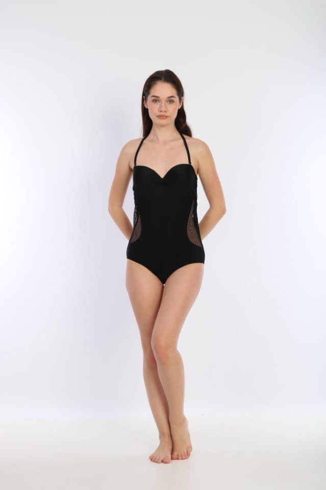 Kadın BOYUNDAN BAĞLAMALI Yanı Fileli Transparan Mayo 7270