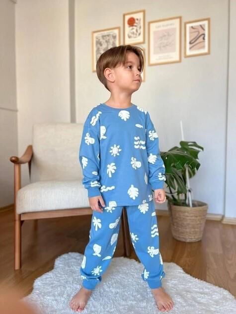 Erkek Çocuk Uzun Kollu Palmiye Desenli Pijama Takımı | 3-10 Yaş 3211M