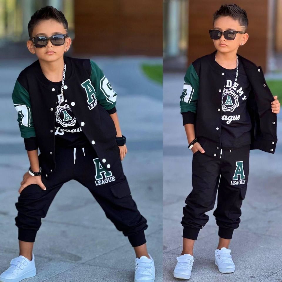 Çocuk Erkek 3’lü Kolej Takım – Sweatshirt, Tişört ve Jogger Alt – Siyah Yeşil 60277