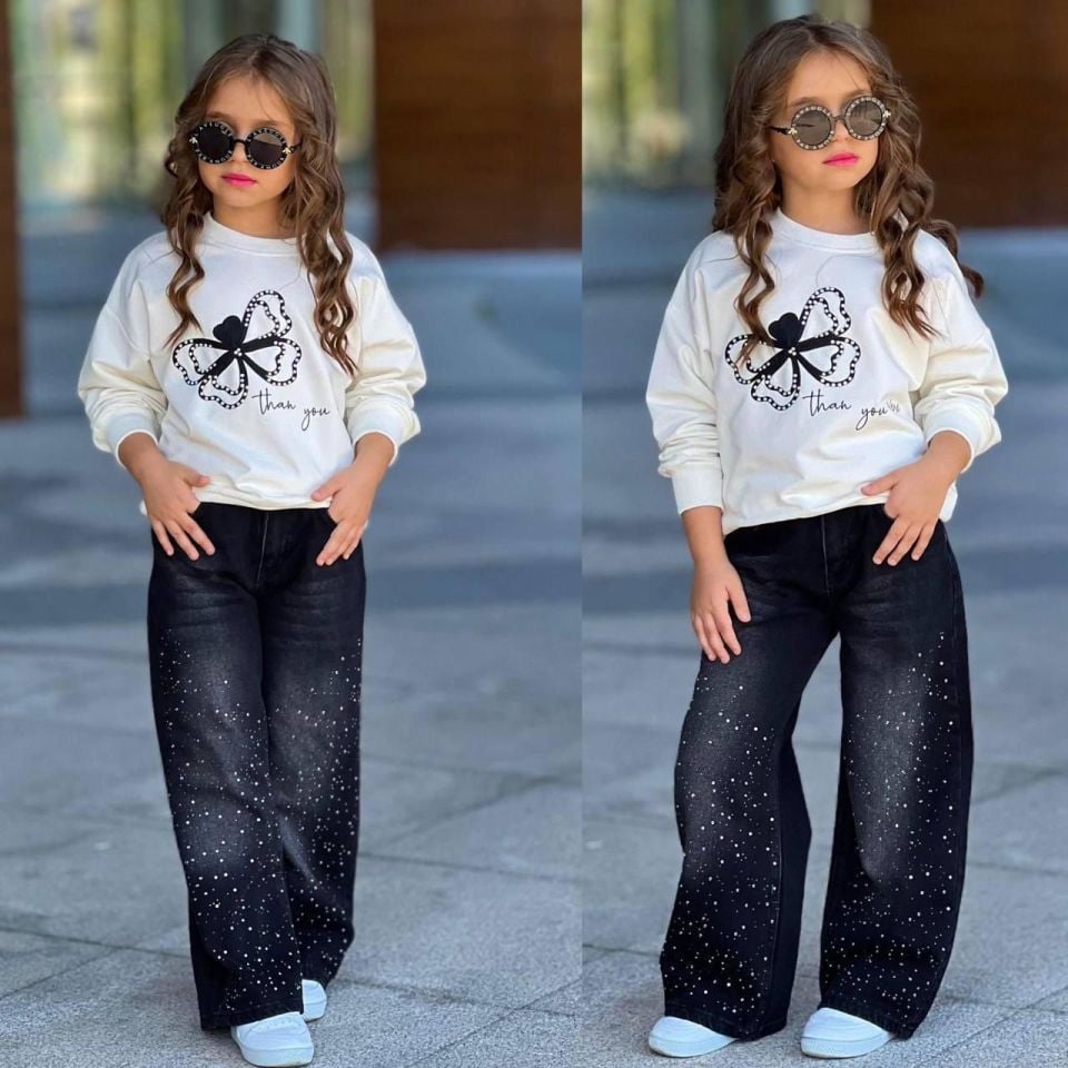 Kız Çocuk 2’li Takım – Taş Baskılı Wide Leg Jean & Fiyonklu Sweatshirt – Siyah Ekru 2606