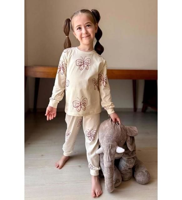 Kız Çocuk Uzun Kollu  Bilekleri Manşetli Kelebek Desenli Krem Pijama Takımı 3213