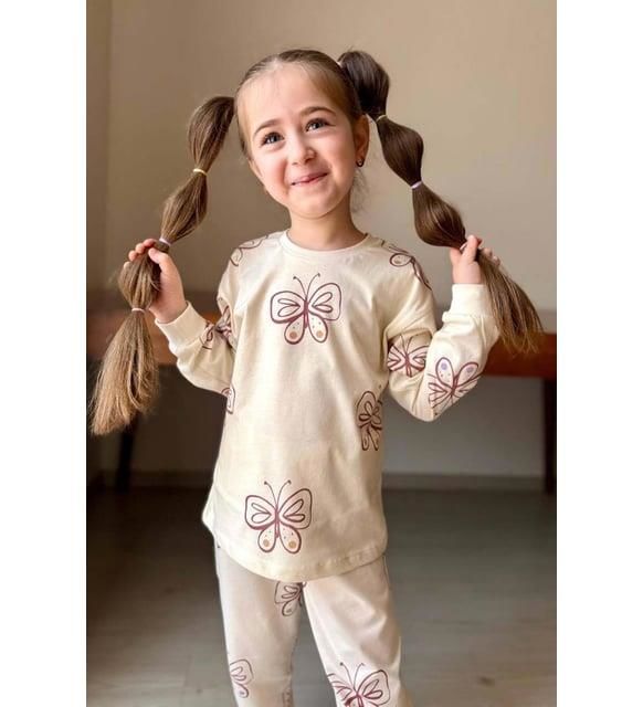 Kız Çocuk Uzun Kollu  Bilekleri Manşetli Kelebek Desenli Krem Pijama Takımı 3213
