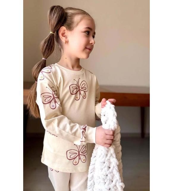 Kız Çocuk Uzun Kollu  Bilekleri Manşetli Kelebek Desenli Krem Pijama Takımı 3213