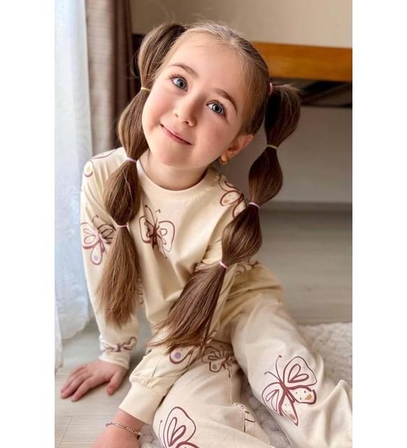 Kız Çocuk Uzun Kollu  Bilekleri Manşetli Kelebek Desenli Krem Pijama Takımı 3213