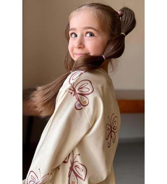 Kız Çocuk Uzun Kollu  Bilekleri Manşetli Kelebek Desenli Krem Pijama Takımı 3213