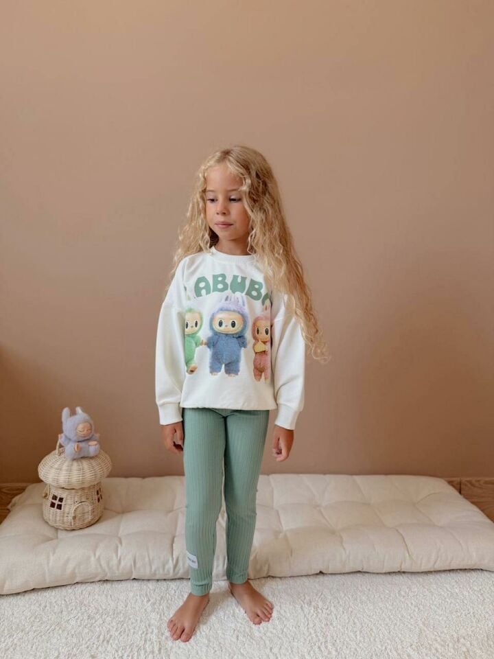 Kız Çocuk Baskılı Ekru Sweatshirt Yeşil Taytlı Kız Çocuk Takımı - 2’li Set 4023