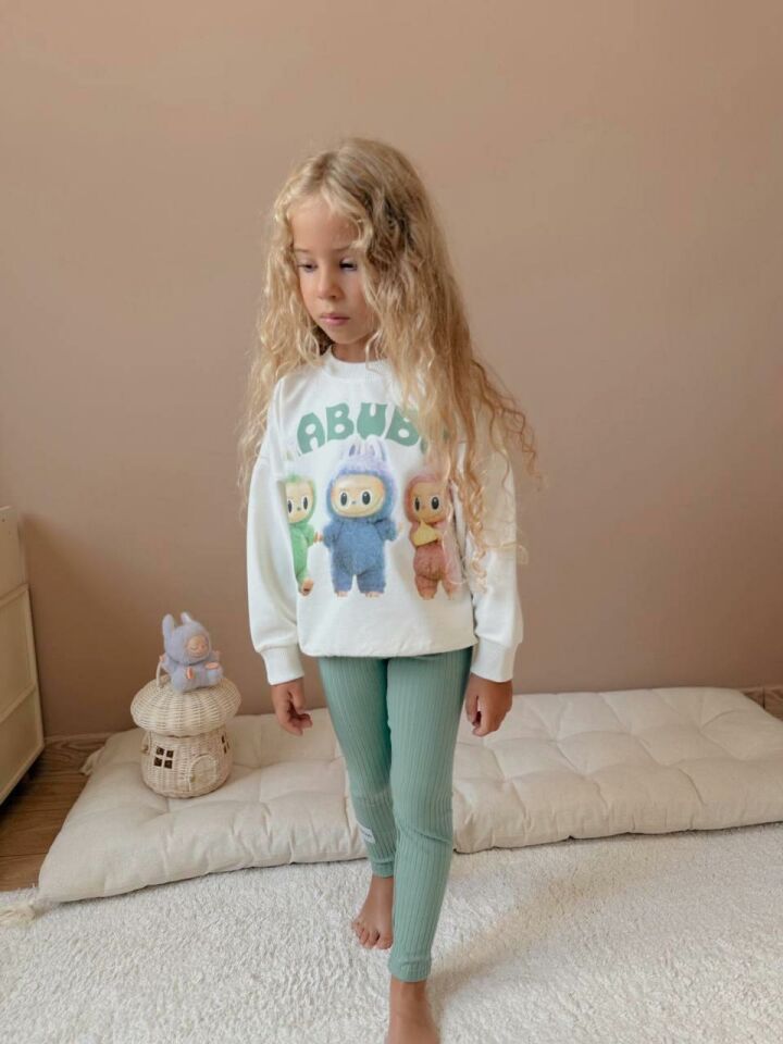 Kız Çocuk Baskılı Ekru Sweatshirt Yeşil Taytlı Kız Çocuk Takımı - 2’li Set 4023