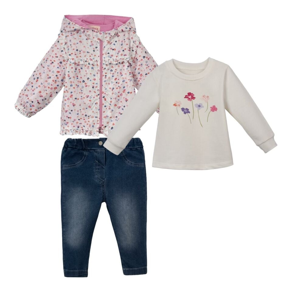 Kız Bebek 3’lü Kombin – Çiçek Desenli Mont, Baskılı Uzun Kol Tişört ve Kot Pantolon 243254
