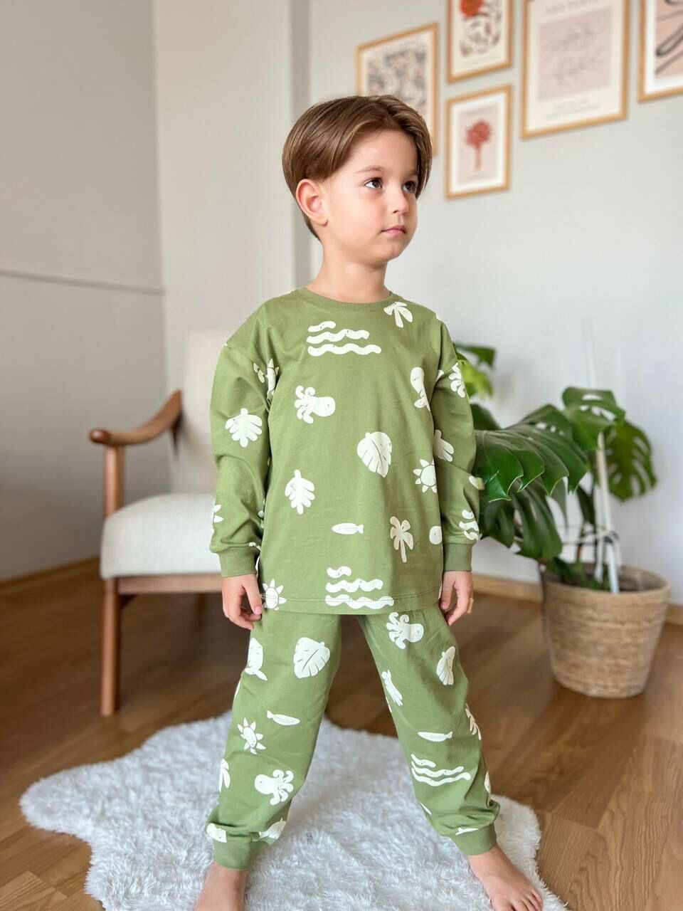 Erkek Çocuk Uzun Kollu Palmiye Desenli Pijama Takımı | 3-10 Yaş 3211H