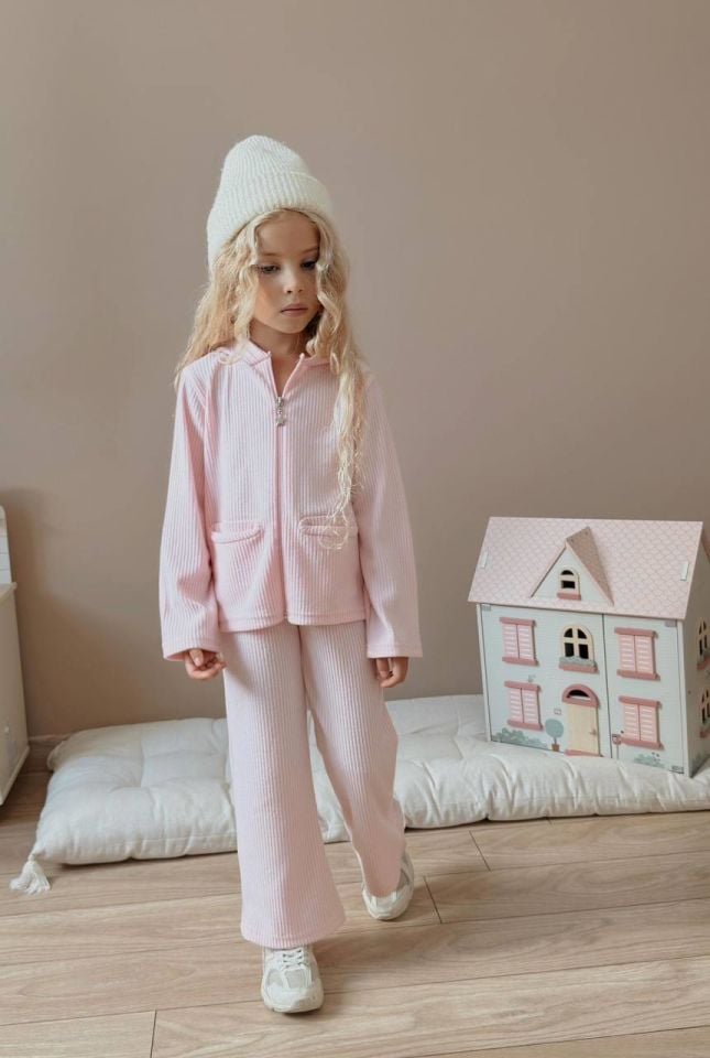 Kız Çocuk Pudra Ribana Fermuarlı Eşofman Takımı 6009