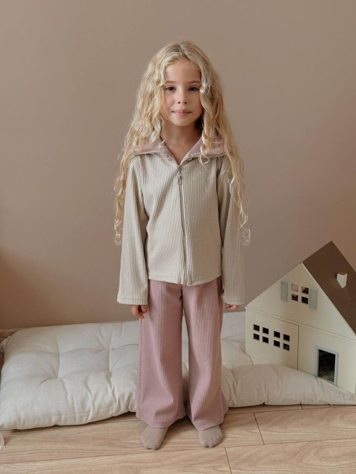 Bej Fermuarlı Ribana Sweat ve Gül Kurusu Pantolon Kız Çocuk Takımı 6007