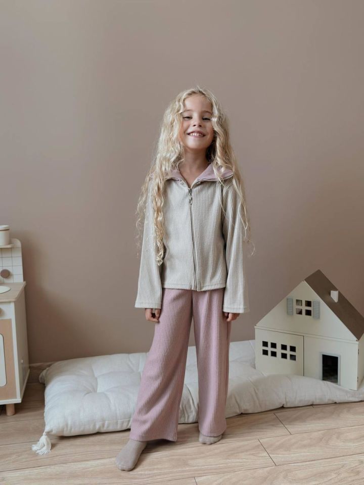 Bej Fermuarlı Ribana Sweat ve Gül Kurusu Pantolon Kız Çocuk Takımı 6007