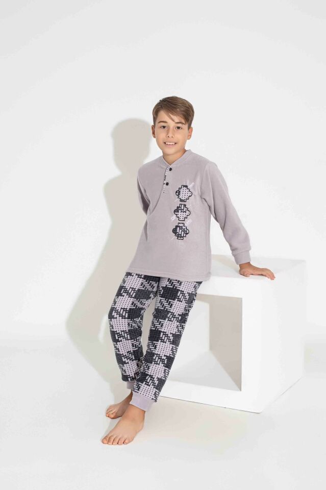 Erkek Çocuk Uzun Kollu  Polar Kumaş Kışlık Sıcak Tutan Pijama Takımı 3753G