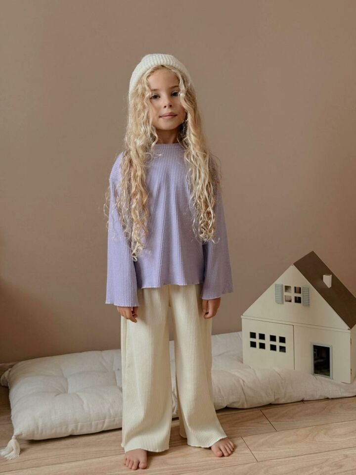 Lila Ribana Sweatshirt ve Ekru Kadife Pantolon Kız Çocuk Kombini 6006