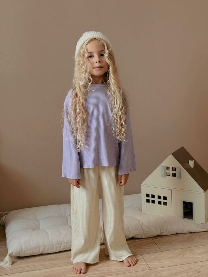 Lila Ribana Sweatshirt ve Ekru Kadife Pantolon Kız Çocuk Kombini 6006