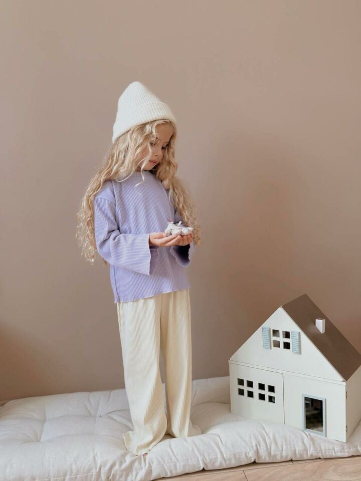 Lila Ribana Sweatshirt ve Ekru Kadife Pantolon Kız Çocuk Kombini 6006