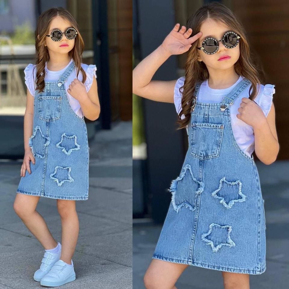 Kız Çocuk Yıldızları Üzerinde Taşıyan Kot Elbise BLUZ+SALOPET 2523