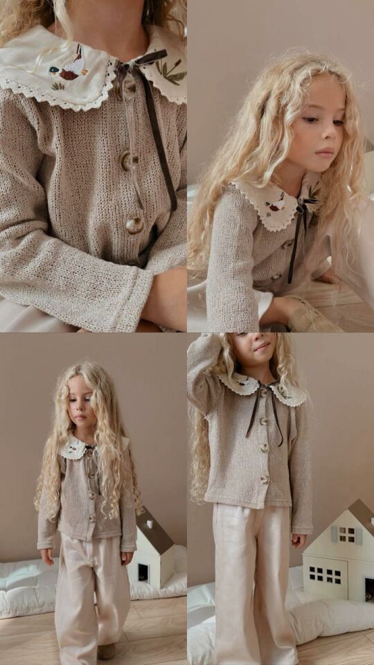 Bej Renkli  Kuğu Yaka Kız Çocuk Triko Hırka ve Pantolon Takım 6005