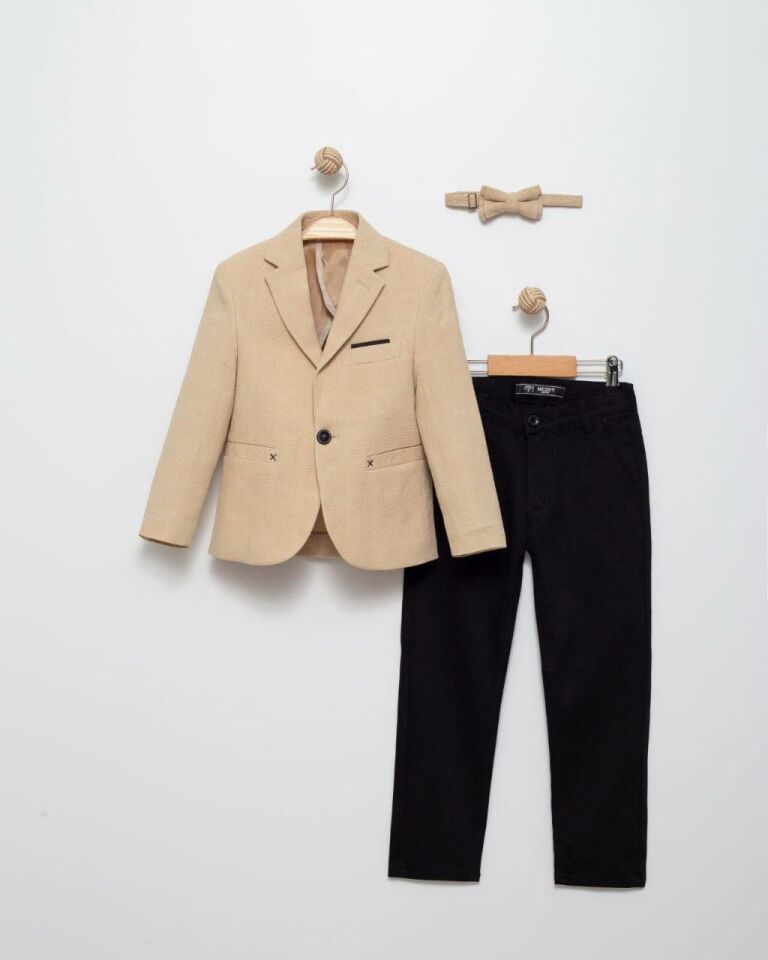 Erkek Çocuk Keten Spor Blazer Ceket, Pantolon ve Papyon Erkek Çocuk Takım Elbisesi - 4414