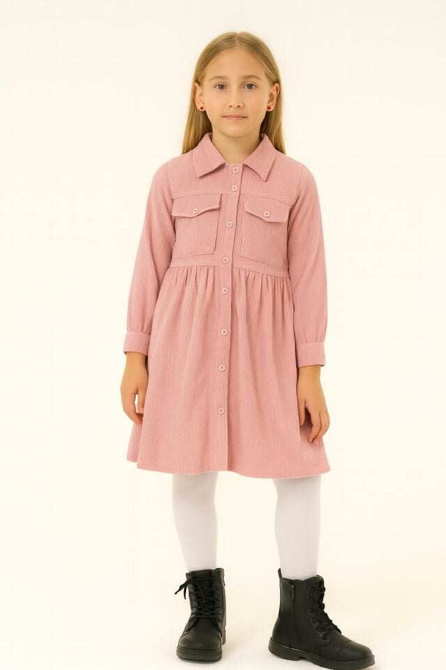 Kız Çocuk Uzun Kollu Düğmeli Elbise - Pembe 1549 SOMON