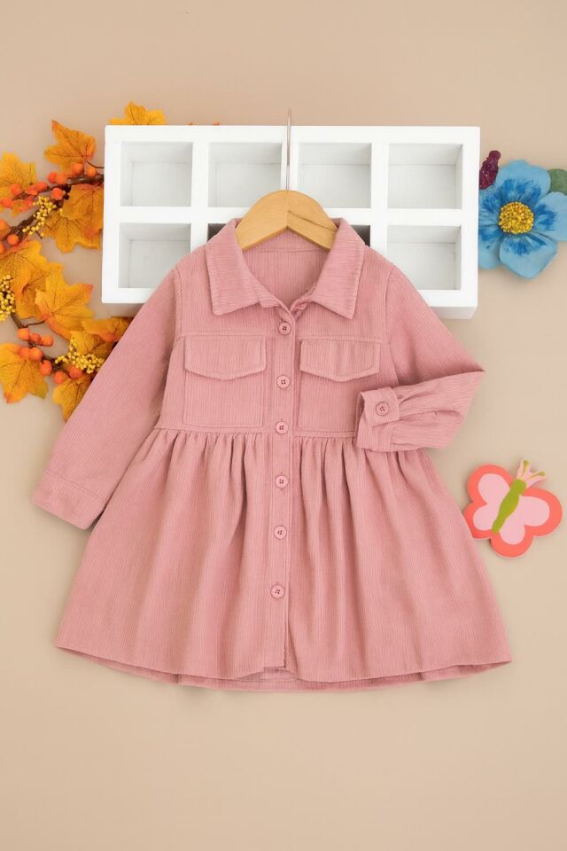 Kız Çocuk Uzun Kollu Düğmeli Elbise - Pembe 1549 SOMON