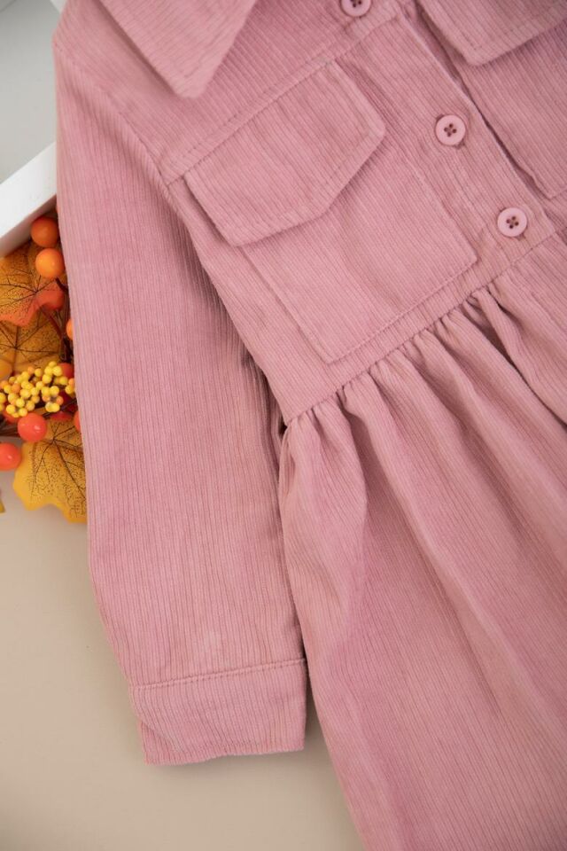 Kız Çocuk Uzun Kollu Düğmeli Elbise - Pembe 1549 SOMON