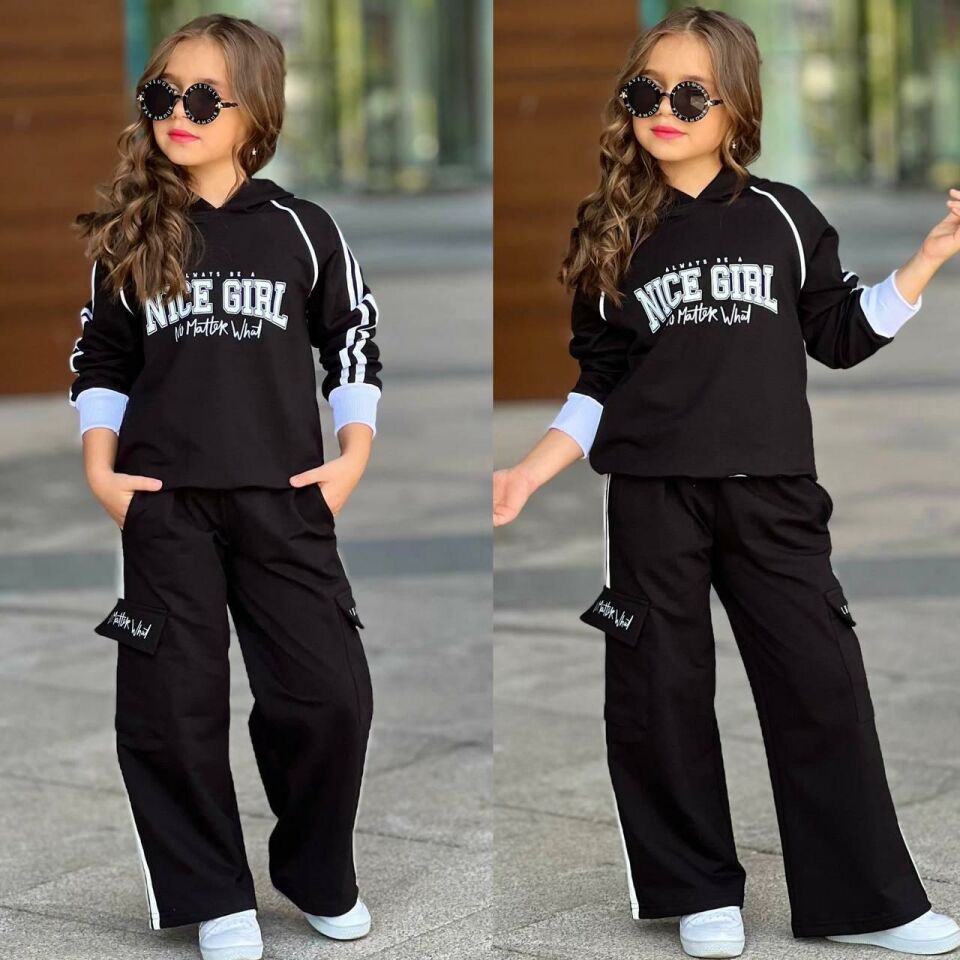 Kız Çocuk Kapüşonlu ''Nice Girl'' Baskılı Eşofman Takımı - Siyah 53095