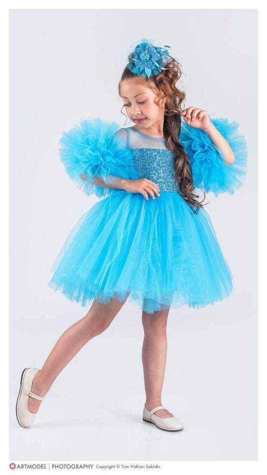 Kız Çocuk Payetli Tütülü Doğum Günü & Düğün Kız Çocuk Abiye Elbise 1616MAVİ