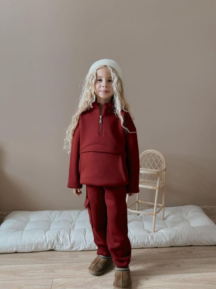 Kız  Çocuk Bordo Kargo Cepli Şardonlu 2’li Eşofman Takım-7106-B