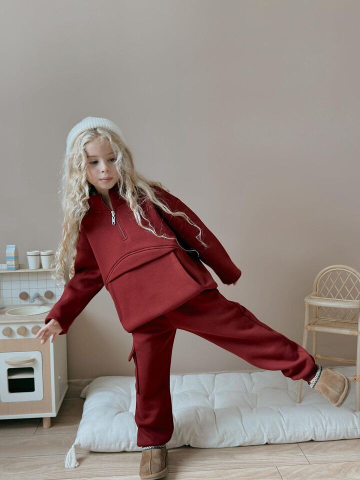 Kız  Çocuk Bordo Kargo Cepli Şardonlu 2’li Eşofman Takım-7106-B