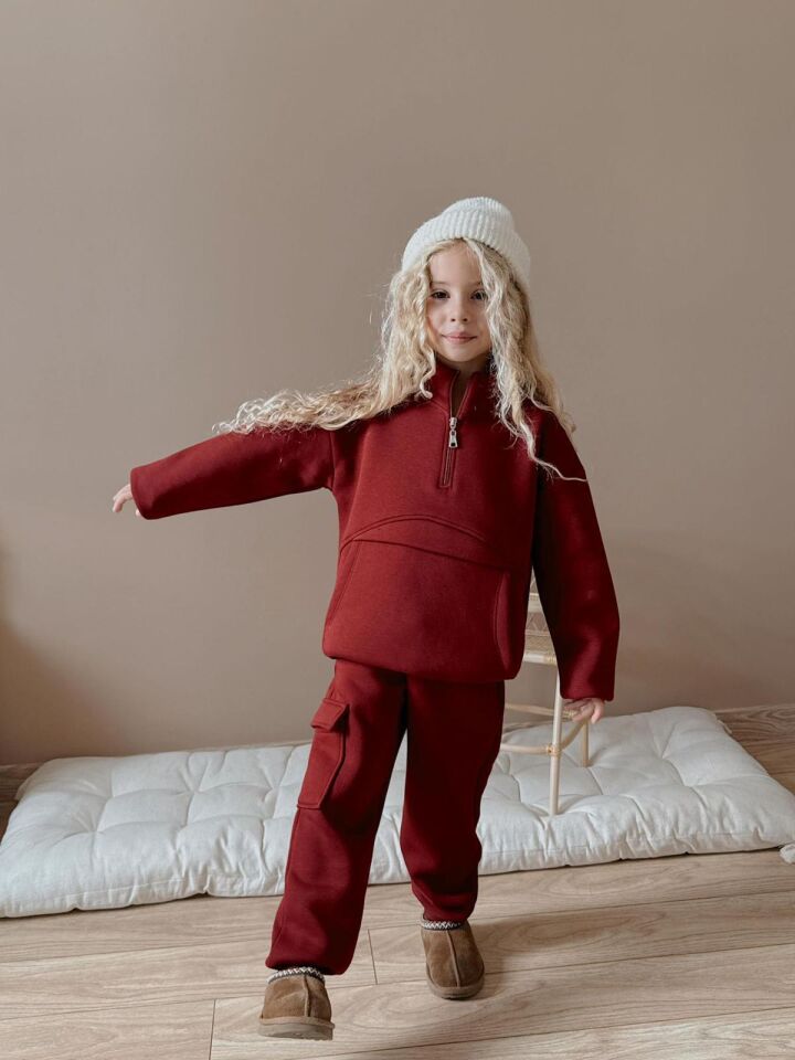 Kız  Çocuk Bordo Kargo Cepli Şardonlu 2’li Eşofman Takım-7106-B