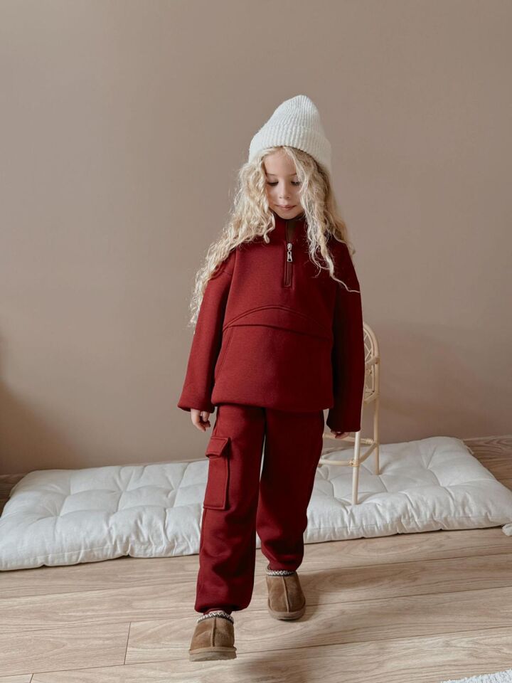 Kız  Çocuk Bordo Kargo Cepli Şardonlu 2’li Eşofman Takım-7106-B