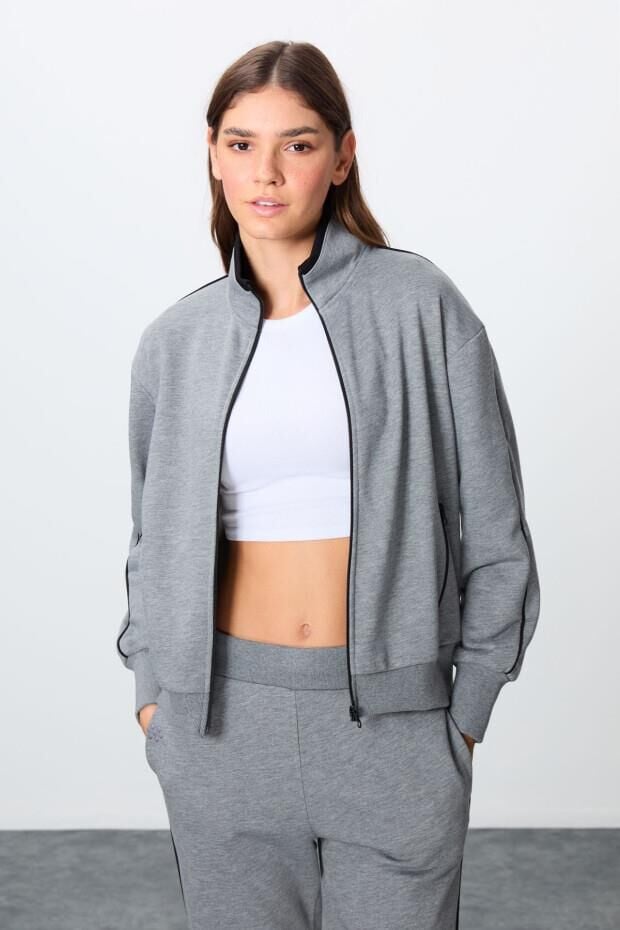 Tommy Life Gri Melanj Kompakt Pamuklu Kalın Pürüzsüz Dokulu Dik Yaka Oversize Fit Kadın Eşofman Takım - 95340