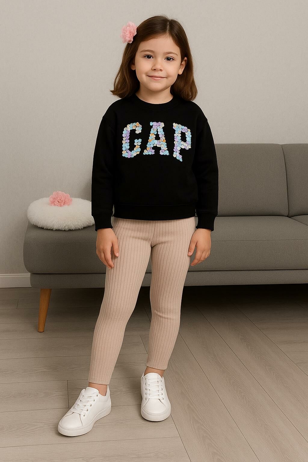 Çiçek Baskılı Taytlı Kız Çocuk Takım 1636 vizon