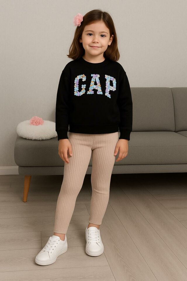 Çiçek Baskılı Taytlı Kız Çocuk Takım 1636 vizon