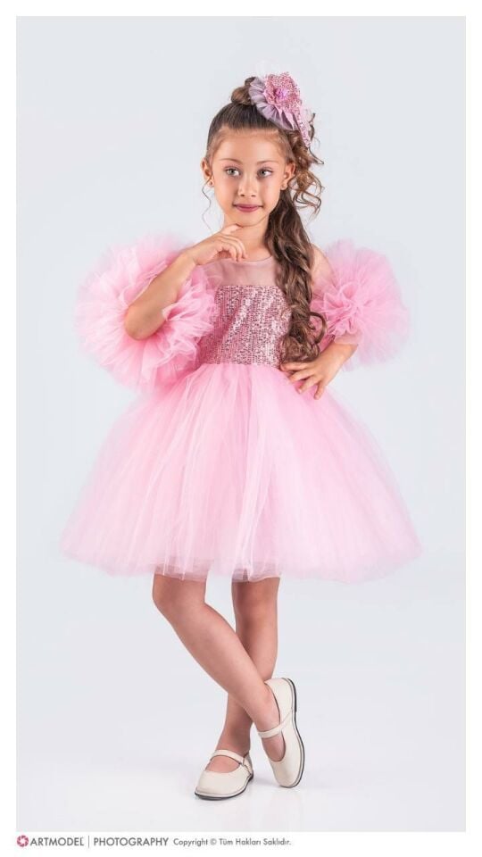 Kız Çocuk Payetli Tütülü Doğum Günü & Düğün Kız Çocuk Abiye Elbise 1616PUDRA