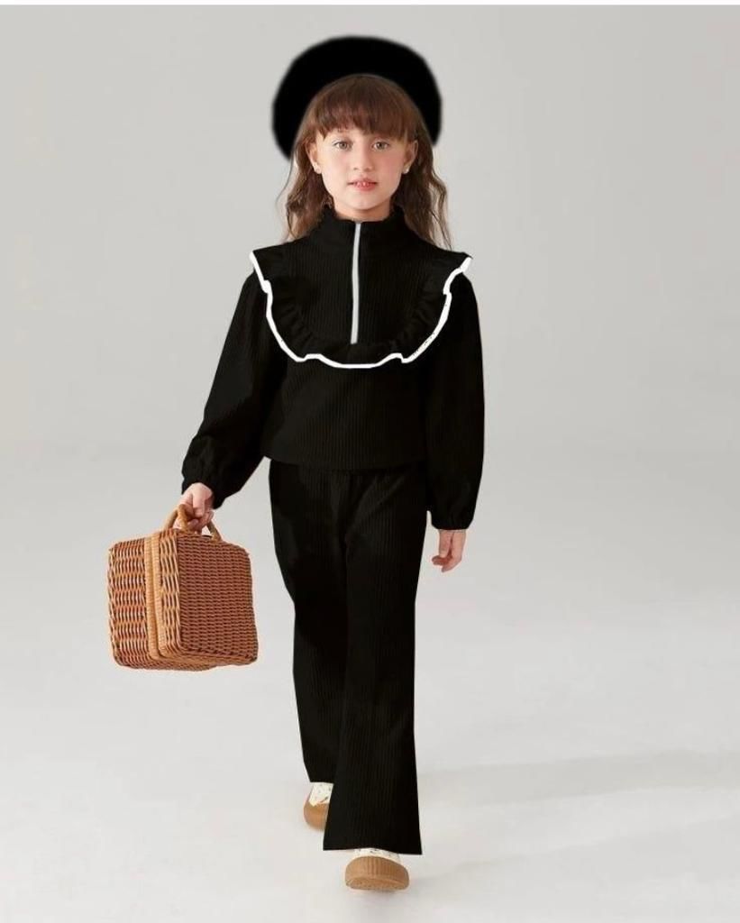 Kız Çocuk (DAR KALIP) Şardonlu Siyah Yarım Boğaz İspanyol Paça Alt Üst Takım 0311